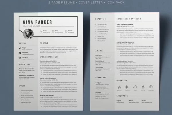 2 Pages Resume / Cover Letter / Icons Pack